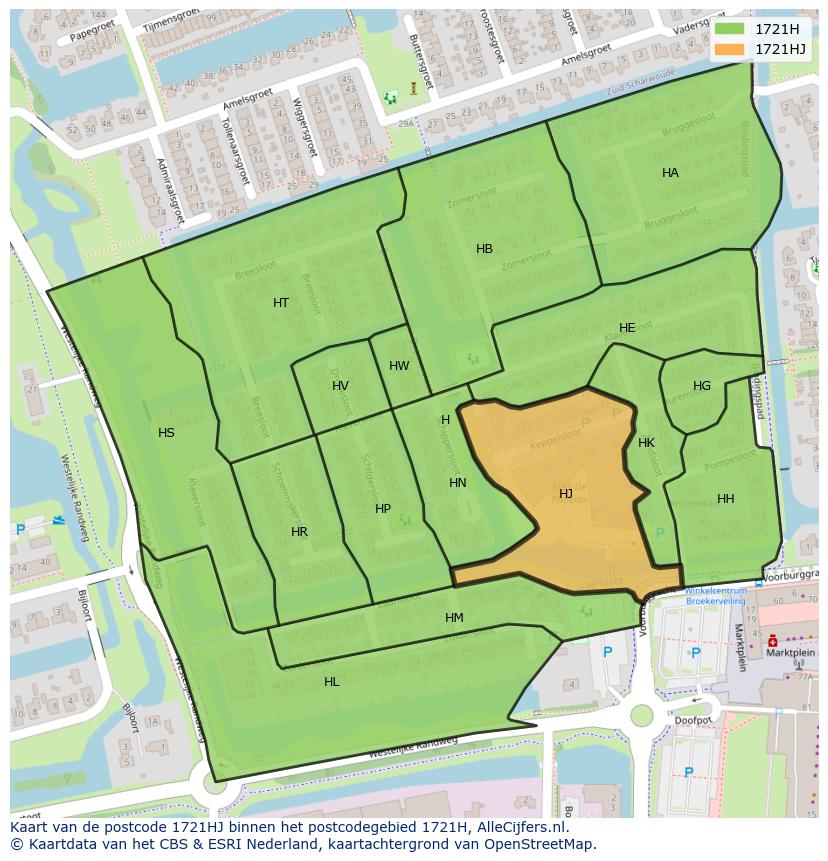 Afbeelding van het postcodegebied 1721 HJ op de kaart.