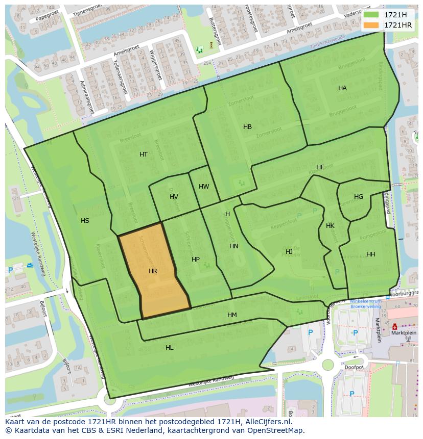 Afbeelding van het postcodegebied 1721 HR op de kaart.