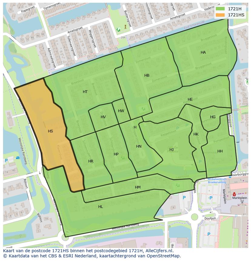 Afbeelding van het postcodegebied 1721 HS op de kaart.