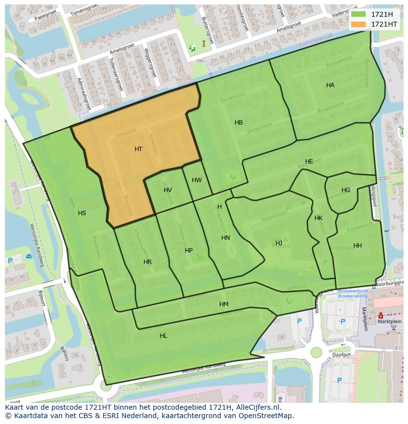 Afbeelding van het postcodegebied 1721 HT op de kaart.