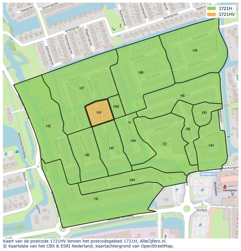 Afbeelding van het postcodegebied 1721 HV op de kaart.