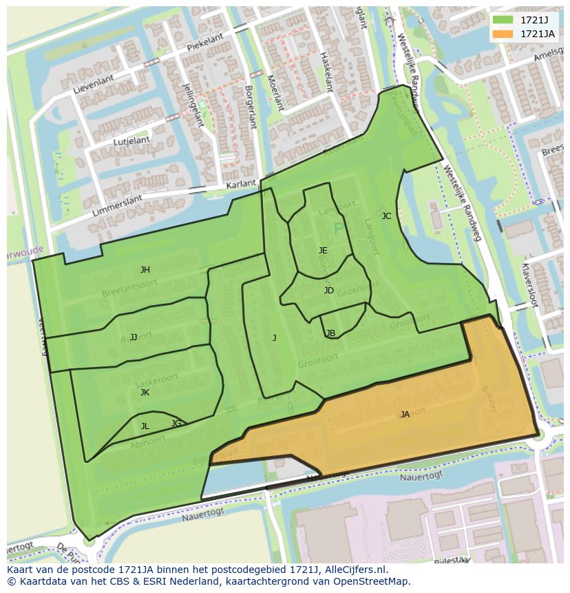 Afbeelding van het postcodegebied 1721 JA op de kaart.