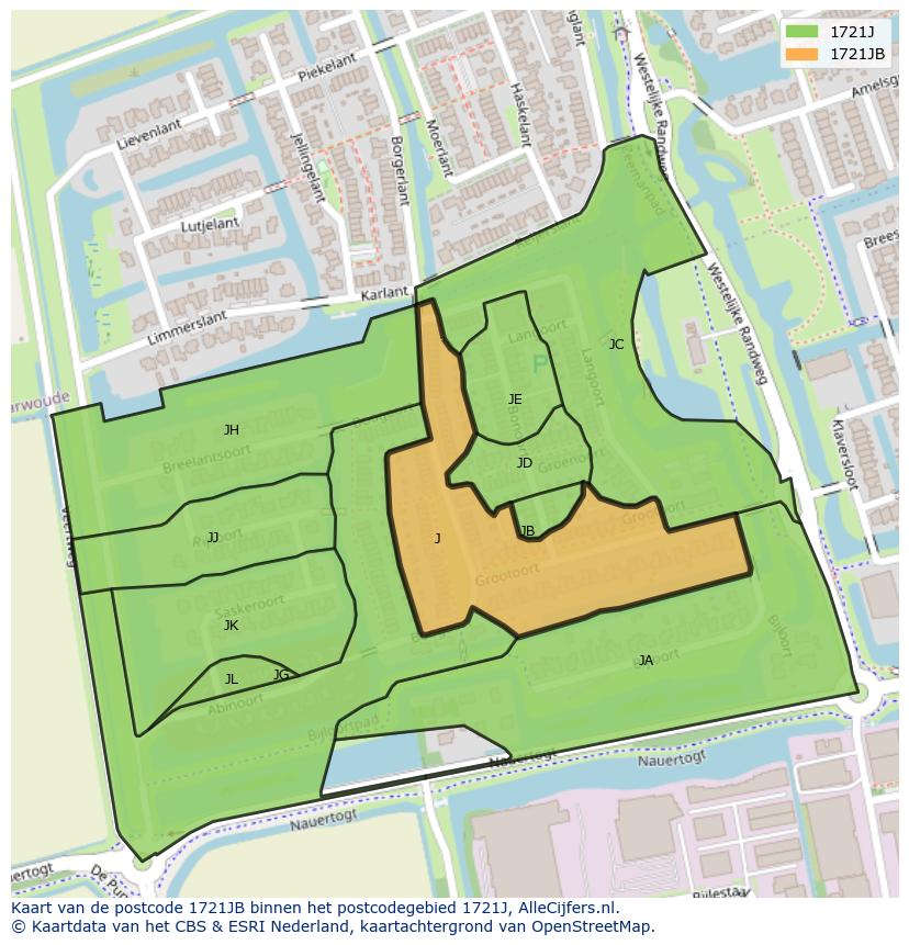 Afbeelding van het postcodegebied 1721 JB op de kaart.