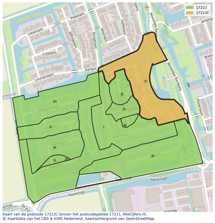 Afbeelding van het postcodegebied 1721 JC op de kaart.