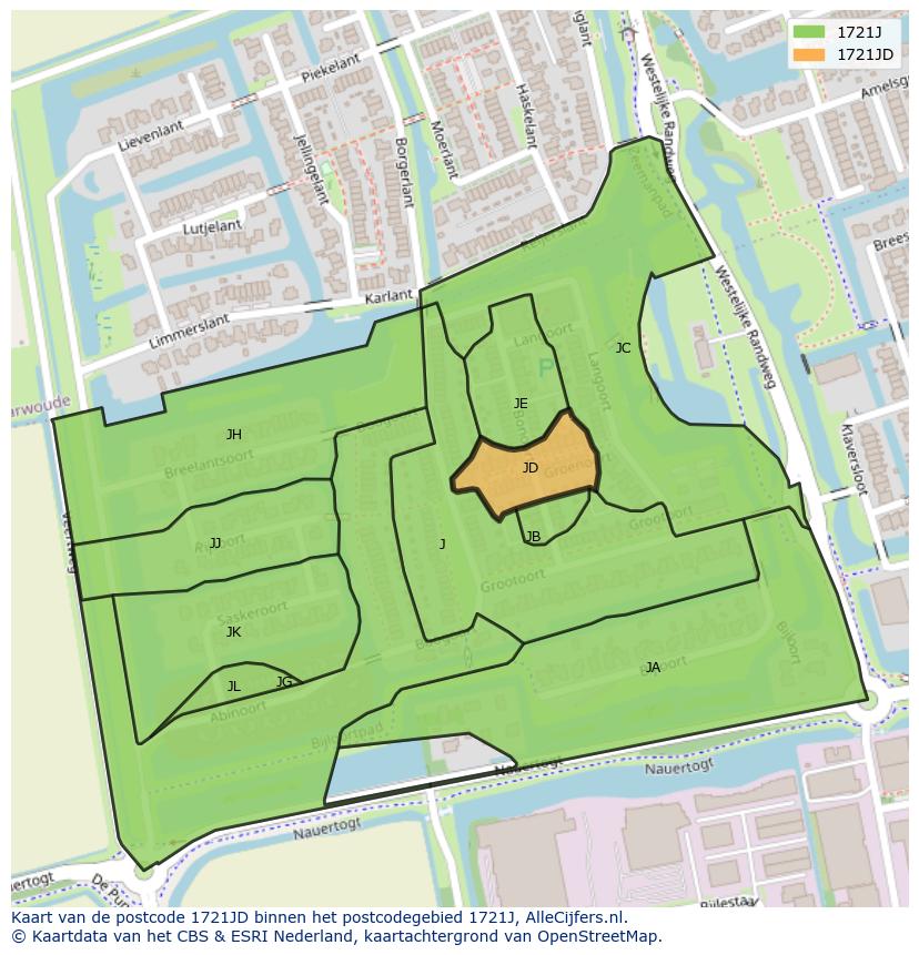 Afbeelding van het postcodegebied 1721 JD op de kaart.