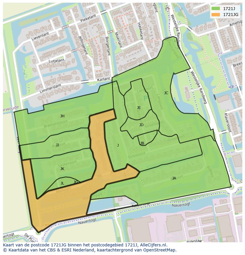 Afbeelding van het postcodegebied 1721 JG op de kaart.