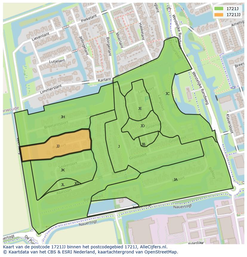 Afbeelding van het postcodegebied 1721 JJ op de kaart.