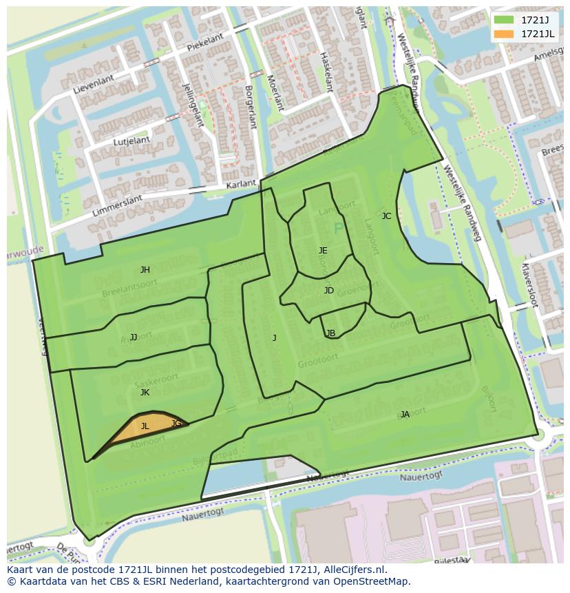 Afbeelding van het postcodegebied 1721 JL op de kaart.