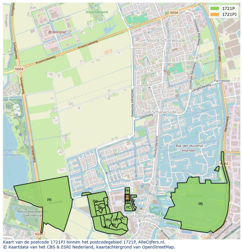 Afbeelding van het postcodegebied 1721 PJ op de kaart.