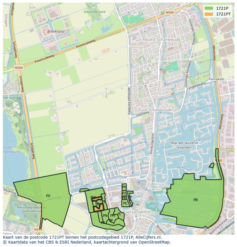 Afbeelding van het postcodegebied 1721 PT op de kaart.