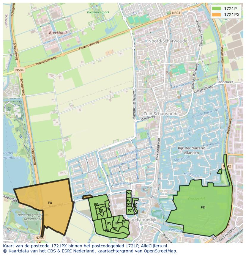 Afbeelding van het postcodegebied 1721 PX op de kaart.