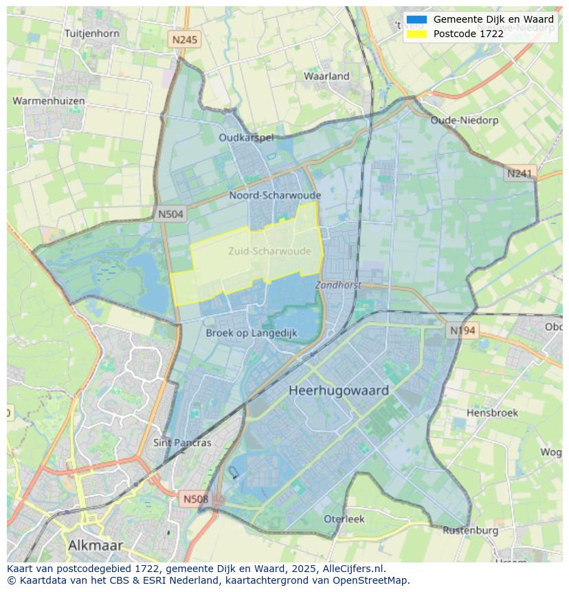 Afbeelding van het postcodegebied 1722 op de kaart.