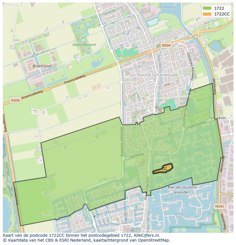Afbeelding van het postcodegebied 1722 CC op de kaart.