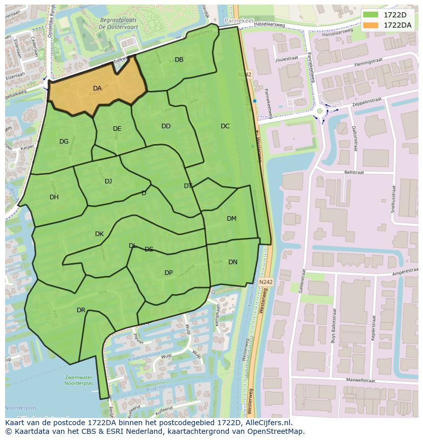Afbeelding van het postcodegebied 1722 DA op de kaart.
