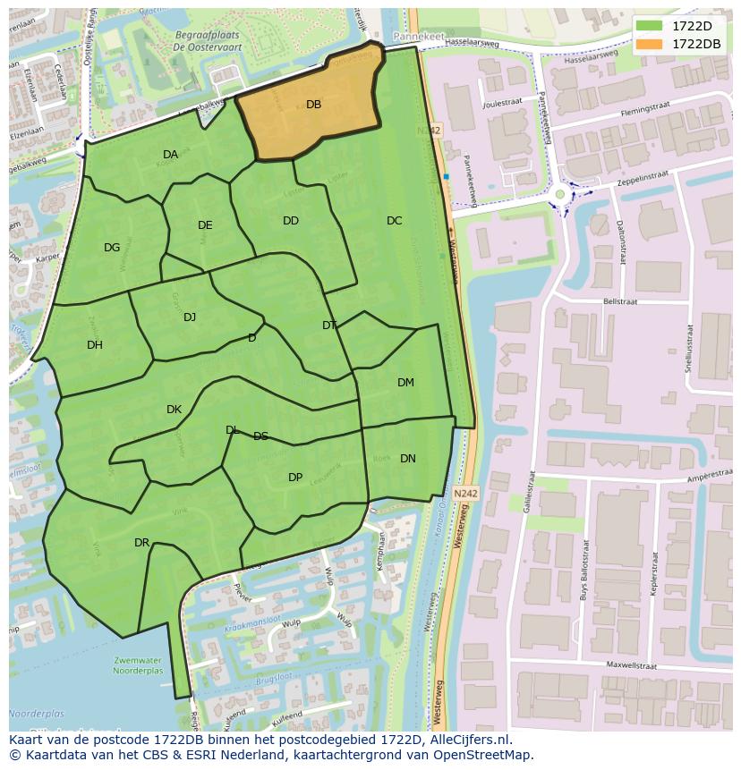 Afbeelding van het postcodegebied 1722 DB op de kaart.