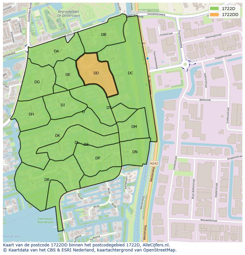 Afbeelding van het postcodegebied 1722 DD op de kaart.