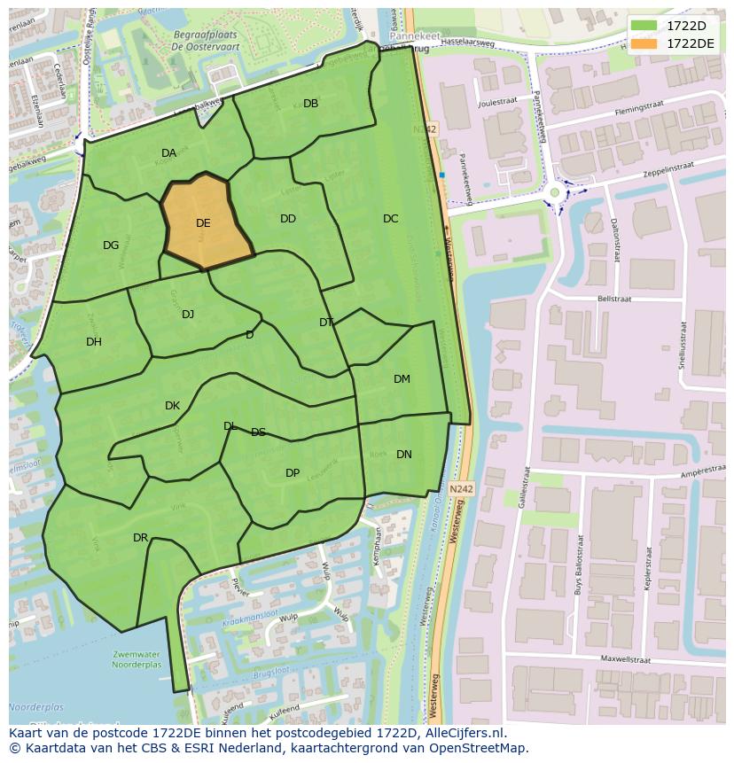 Afbeelding van het postcodegebied 1722 DE op de kaart.