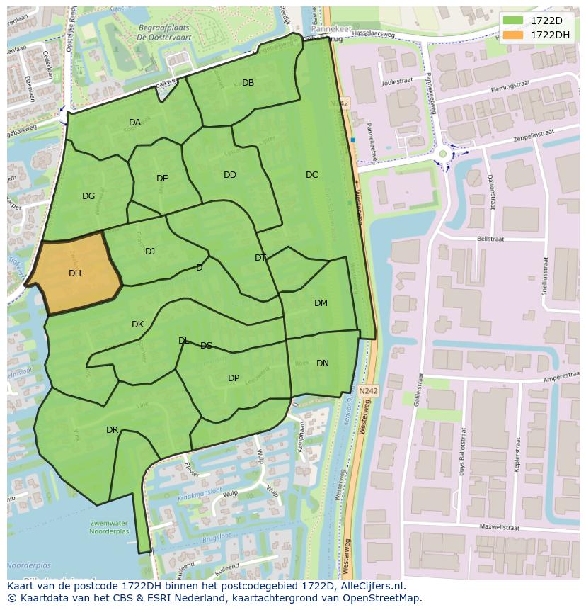 Afbeelding van het postcodegebied 1722 DH op de kaart.