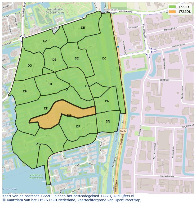 Afbeelding van het postcodegebied 1722 DL op de kaart.
