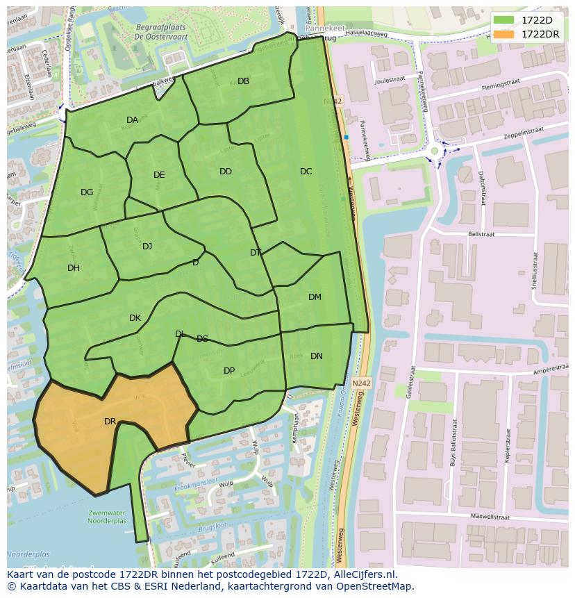 Afbeelding van het postcodegebied 1722 DR op de kaart.
