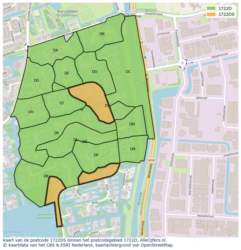Afbeelding van het postcodegebied 1722 DS op de kaart.