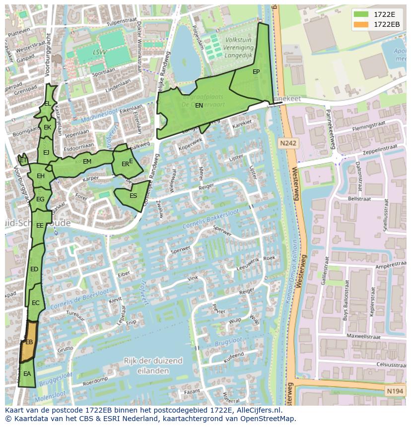 Afbeelding van het postcodegebied 1722 EB op de kaart.