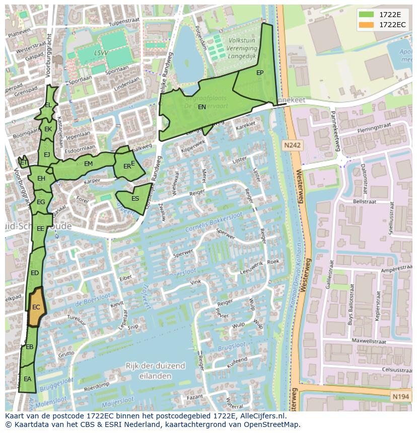 Afbeelding van het postcodegebied 1722 EC op de kaart.