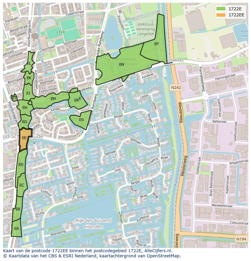Afbeelding van het postcodegebied 1722 EE op de kaart.