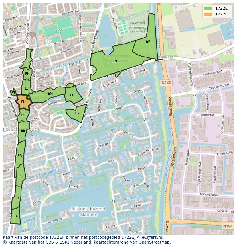 Afbeelding van het postcodegebied 1722 EH op de kaart.