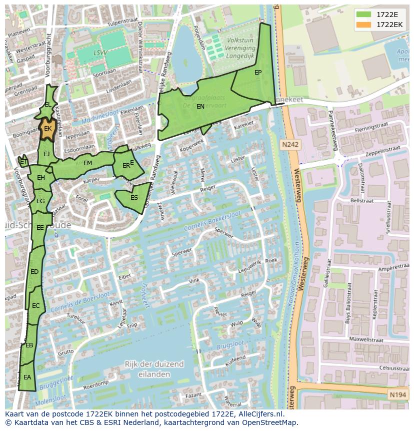Afbeelding van het postcodegebied 1722 EK op de kaart.