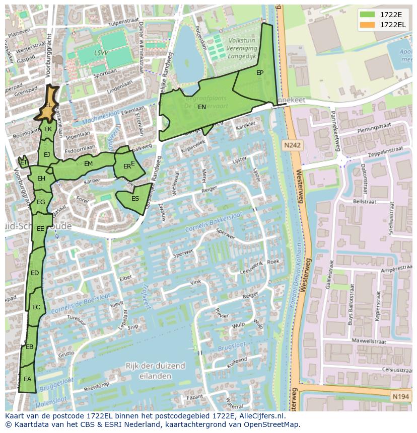 Afbeelding van het postcodegebied 1722 EL op de kaart.