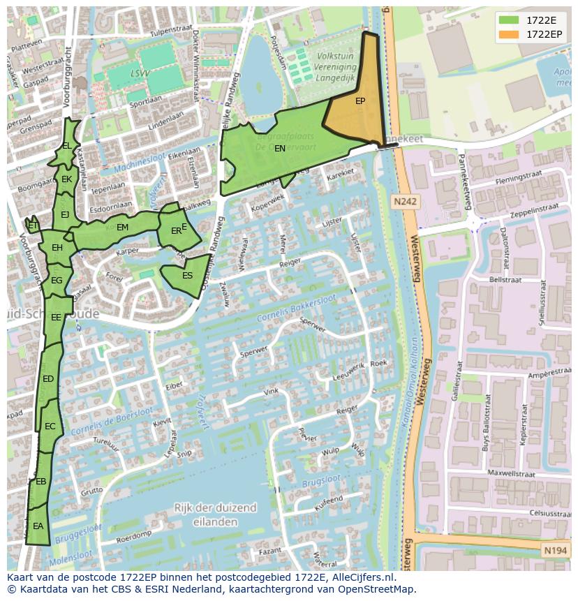 Afbeelding van het postcodegebied 1722 EP op de kaart.