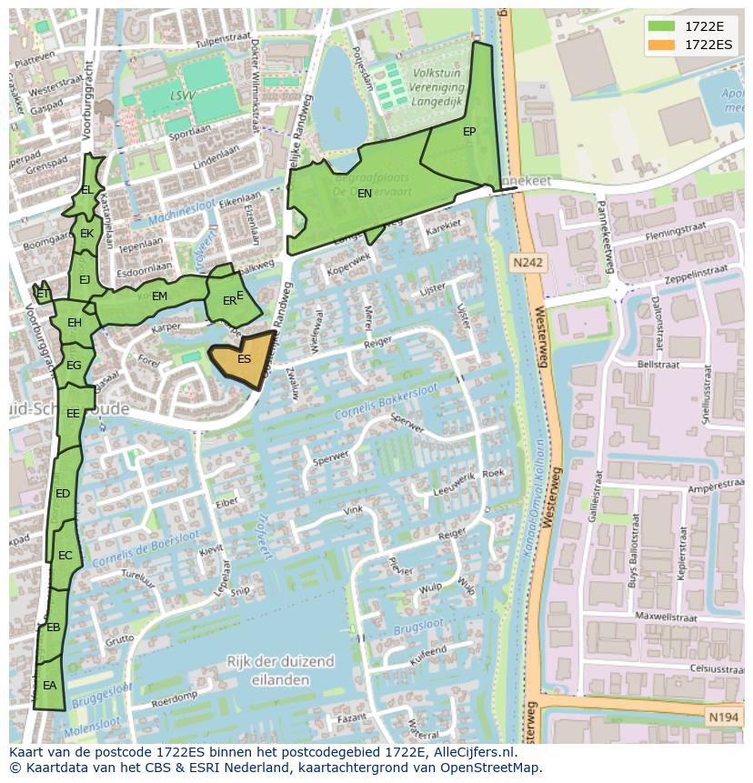 Afbeelding van het postcodegebied 1722 ES op de kaart.