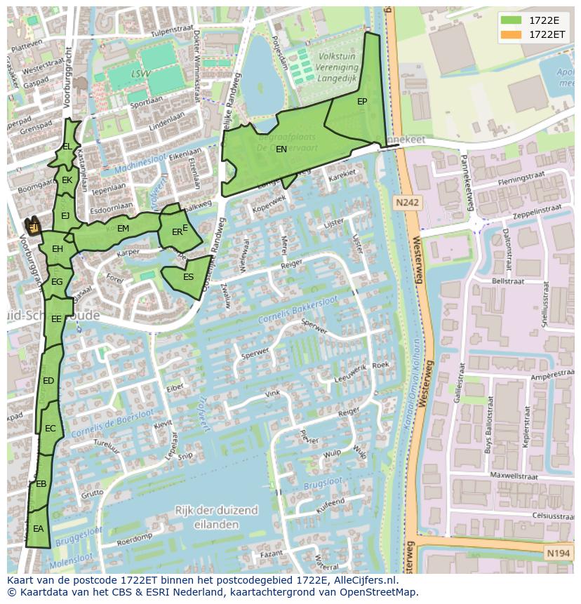 Afbeelding van het postcodegebied 1722 ET op de kaart.