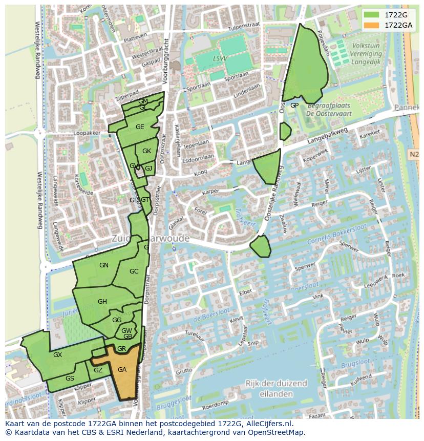 Afbeelding van het postcodegebied 1722 GA op de kaart.