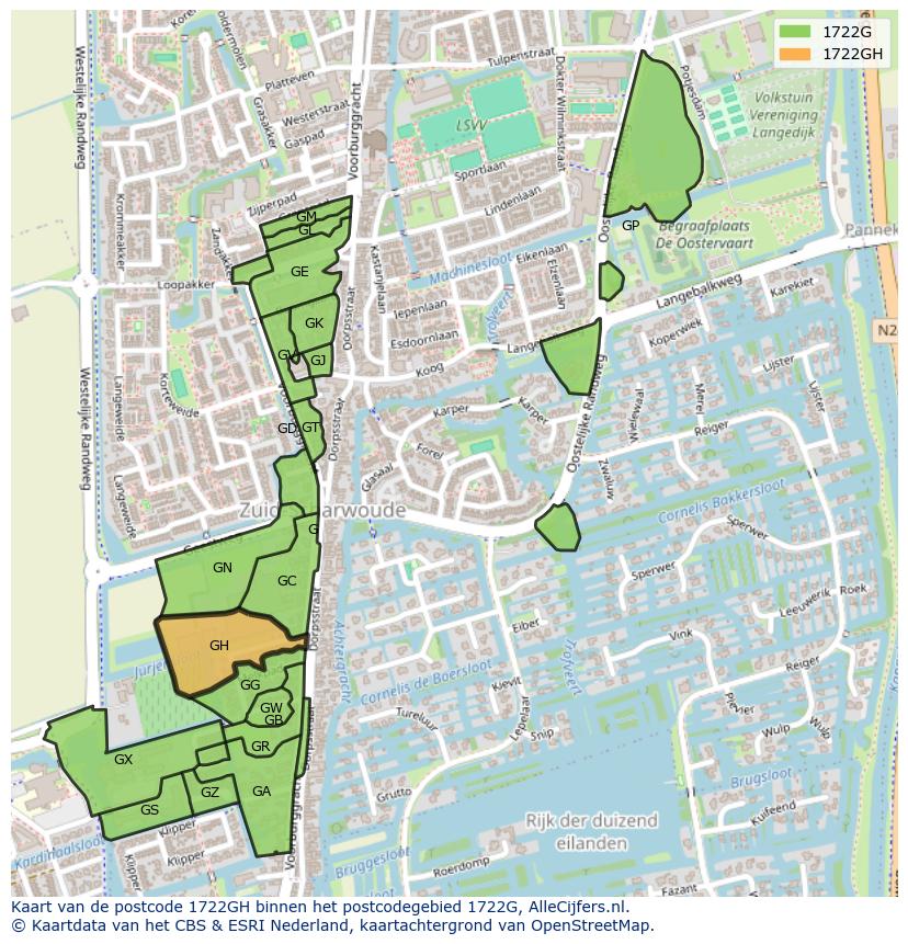 Afbeelding van het postcodegebied 1722 GH op de kaart.