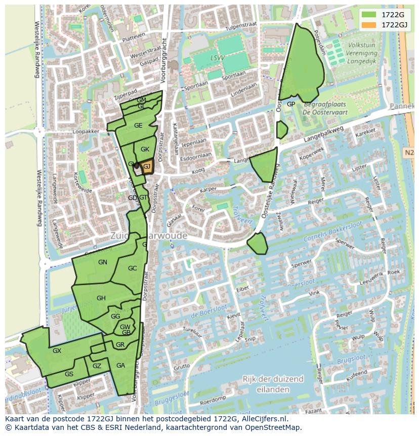 Afbeelding van het postcodegebied 1722 GJ op de kaart.
