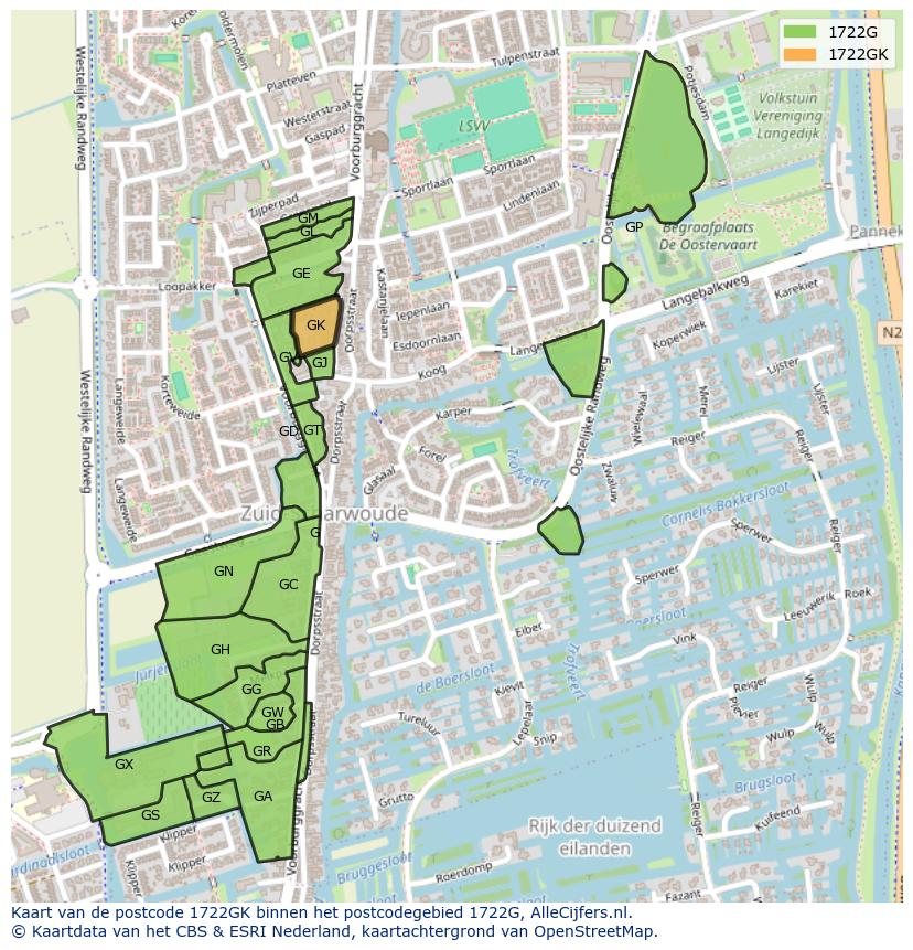 Afbeelding van het postcodegebied 1722 GK op de kaart.