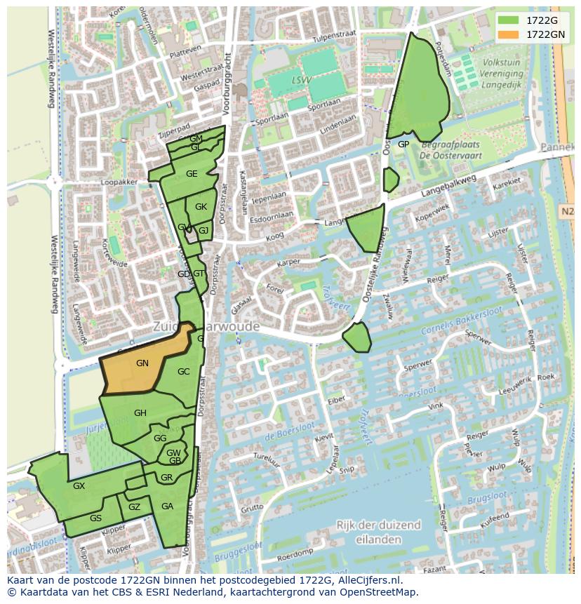 Afbeelding van het postcodegebied 1722 GN op de kaart.