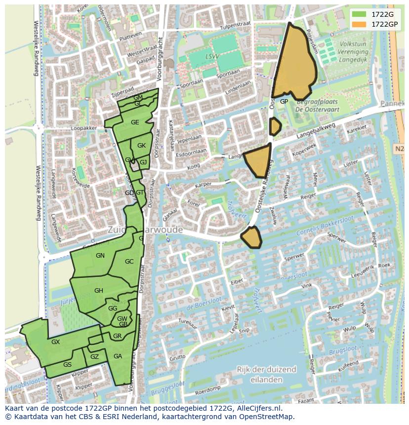 Afbeelding van het postcodegebied 1722 GP op de kaart.