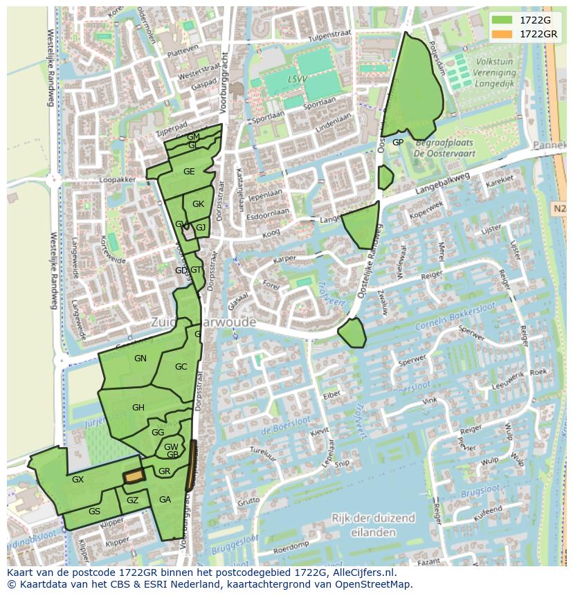 Afbeelding van het postcodegebied 1722 GR op de kaart.
