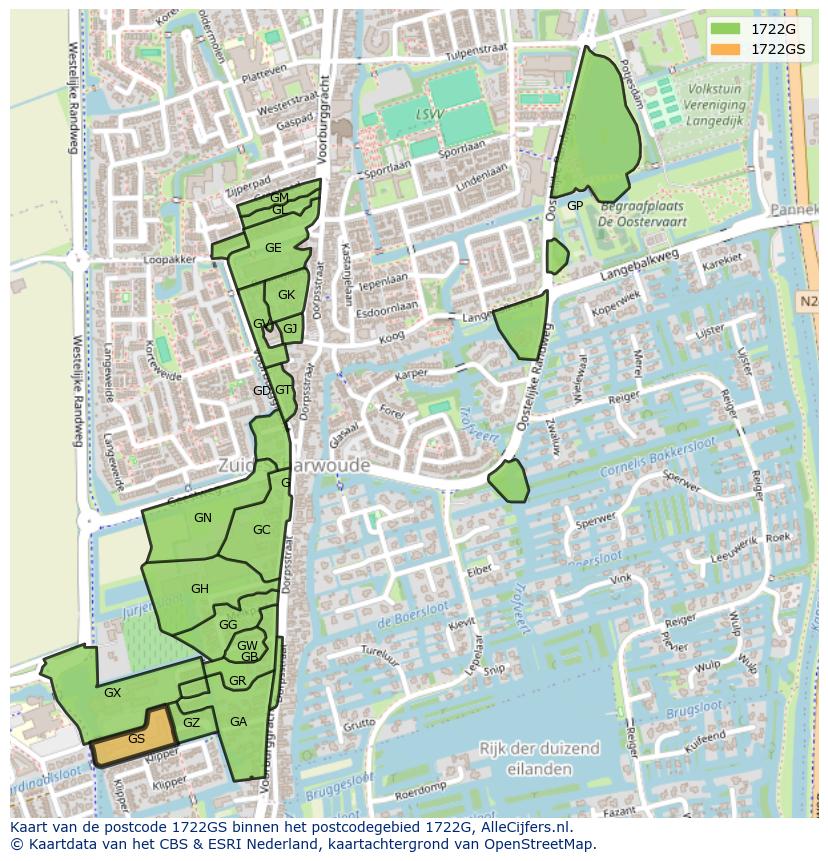 Afbeelding van het postcodegebied 1722 GS op de kaart.