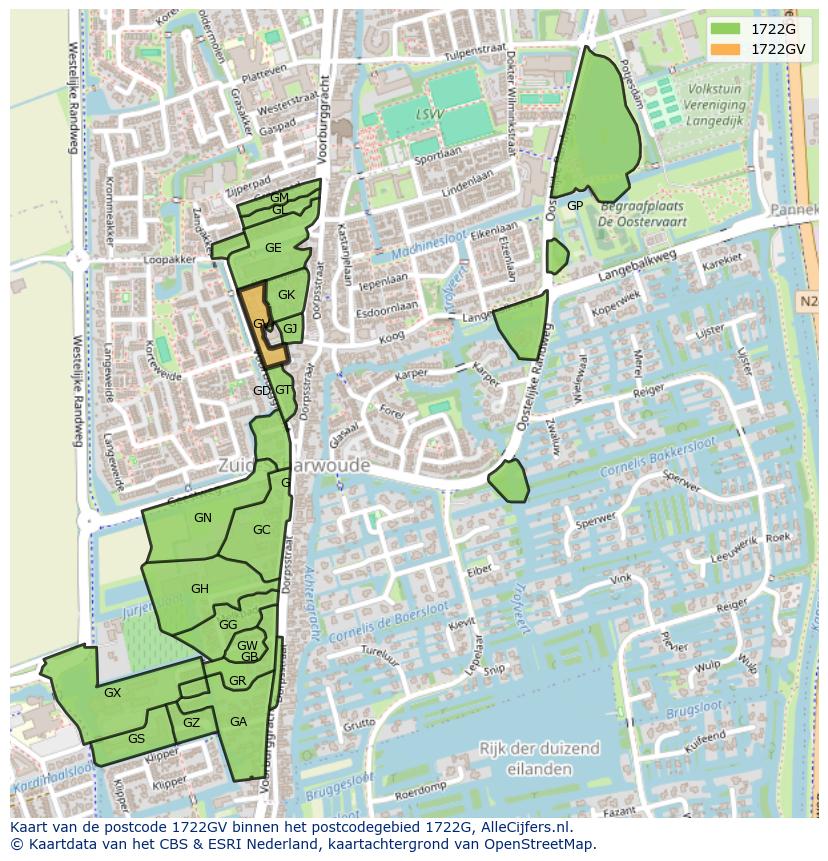 Afbeelding van het postcodegebied 1722 GV op de kaart.