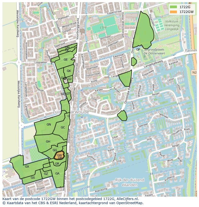 Afbeelding van het postcodegebied 1722 GW op de kaart.