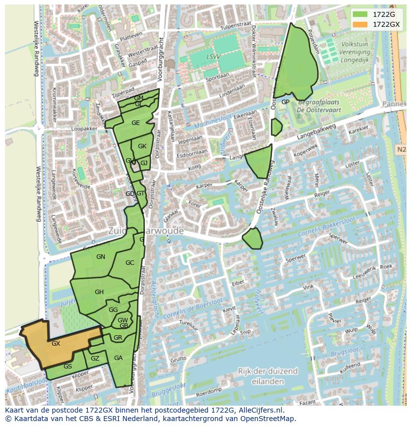 Afbeelding van het postcodegebied 1722 GX op de kaart.