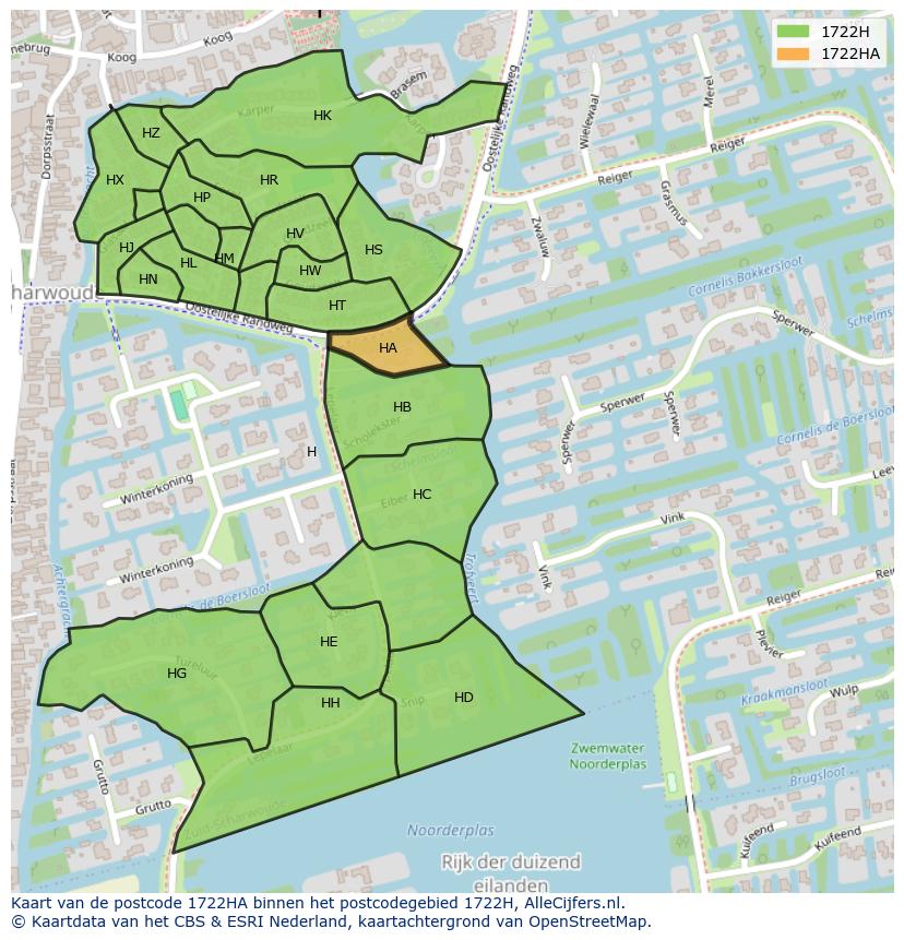 Afbeelding van het postcodegebied 1722 HA op de kaart.