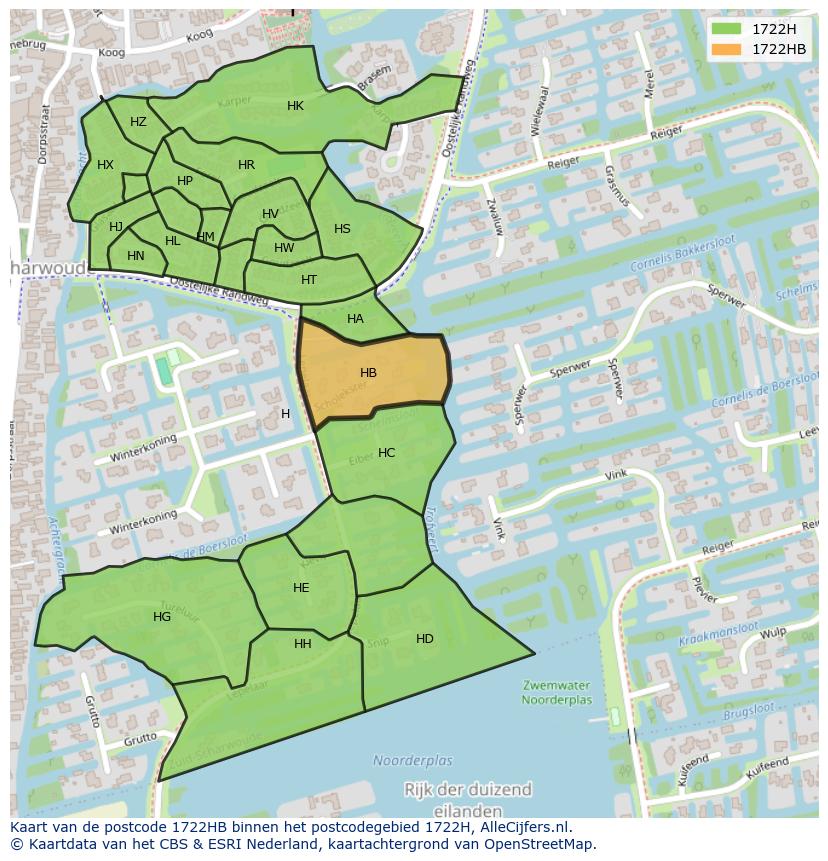 Afbeelding van het postcodegebied 1722 HB op de kaart.