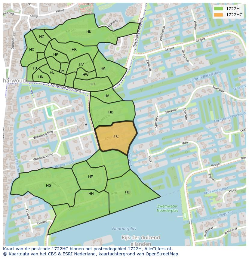 Afbeelding van het postcodegebied 1722 HC op de kaart.