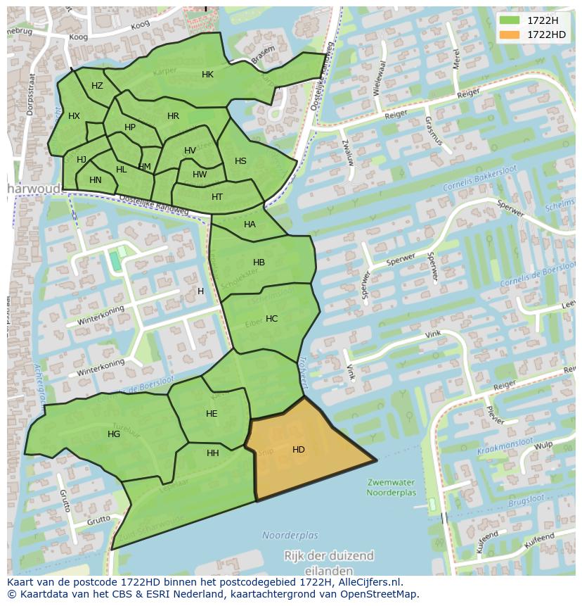 Afbeelding van het postcodegebied 1722 HD op de kaart.