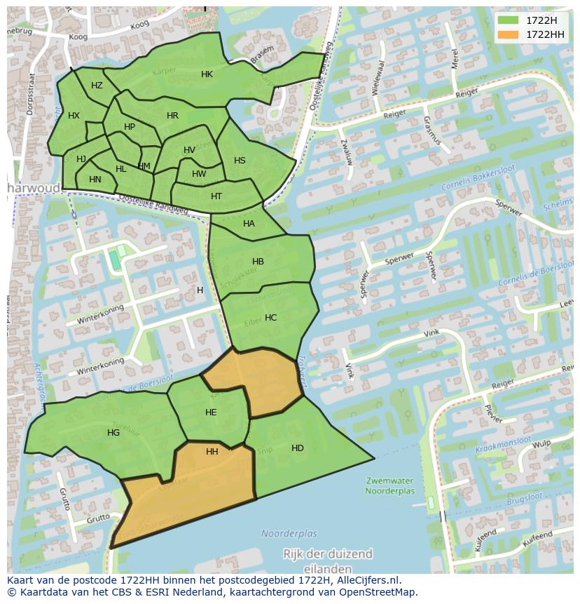 Afbeelding van het postcodegebied 1722 HH op de kaart.